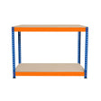 Two-tier workbench featuring a sturdy blue metal frame and orange accents, with spacious beige shelves for versatile storage and workspace