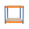 Two-tier workbench featuring a sturdy blue metal frame and light beige shelves, ideal for organizing tools and workspace
