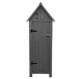 Dark grey wooden garden shed with a peaked roof, featuring a main door, a small upper compartment, and black metal hardware