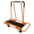 Sturdy orange drywall cart with a black rubber platform and two wheels, designed for easy transport of plasterboard and materials