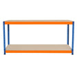 Two-tier workbench with a sturdy blue metal frame and a smooth, light beige surface, measuring 180cm x 45cm x 90cm