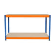 Sturdy two-tier workbench with a blue steel frame and orange accents, featuring a smooth beige top for versatile workspace use