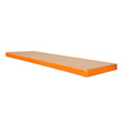 Durable 180cm x 60cm S-Rax workbench shelf with a smooth MDF surface and vibrant orange edge, ideal for organizing tools and materials
