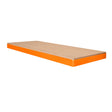 Sturdy 150cm x 60cm workbench shelf with a smooth, light brown surface and vibrant orange edges, ideal for additional storage
