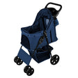 Navy blue pet stroller featuring a rain cover, spacious interior, caddy bag, and durable wheels for smooth mobility and comfort