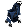 Navy blue pet stroller with a rain cover, featuring a spacious mesh cabin, sturdy wheels, and a lower storage basket for convenience