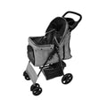 Woven grey pet stroller with a rain cover, featuring a spacious interior, sturdy black frame, and smooth-rolling wheels for easy maneuverability