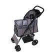 Blue tartan pet stroller with a rain cover, featuring a spacious mesh compartment, sturdy wheels, and a comfortable handle
