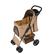 Woven beige pet stroller features a rain cover, sturdy black frame, spacious interior, and smooth-rolling wheels for comfort
