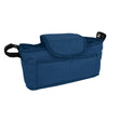 Navy blue pet stroller caddy bag with a flap closure, featuring a front pocket and durable fabric for easy access and storage