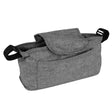 Woven grey pet stroller caddy bag with a spacious pocket, sturdy handles, and a secure flap for easy access and storage