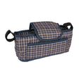 Blue tartan pet stroller caddy bag featuring a spacious interior, front pocket, and sturdy handles for easy transport and organization