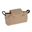 Woven beige pet stroller caddy bag featuring a flap closure, sturdy handles, and spacious pockets for pet essentials