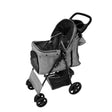 Woven grey pet stroller featuring a rain cover, caddy bag, and sturdy wheels for easy maneuverability and comfort