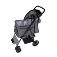 Blue tartan pet stroller features a mesh rain cover, spacious interior, and caddy bag for convenient pet transport and storage
