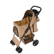Woven beige pet stroller featuring a rain cover, caddy bag, and sturdy black wheels for easy maneuverability and comfort