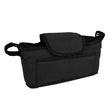 Durable black pet stroller caddy bag with a spacious main compartment, front pocket, and secure flap closure for easy access