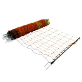 Bright orange and black electric poultry netting roll, 50m long, with sturdy posts for easy installation and secure fencing