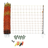 Bright orange and black electric poultry netting roll with green stakes and connectors, designed for secure animal containment, 50m long