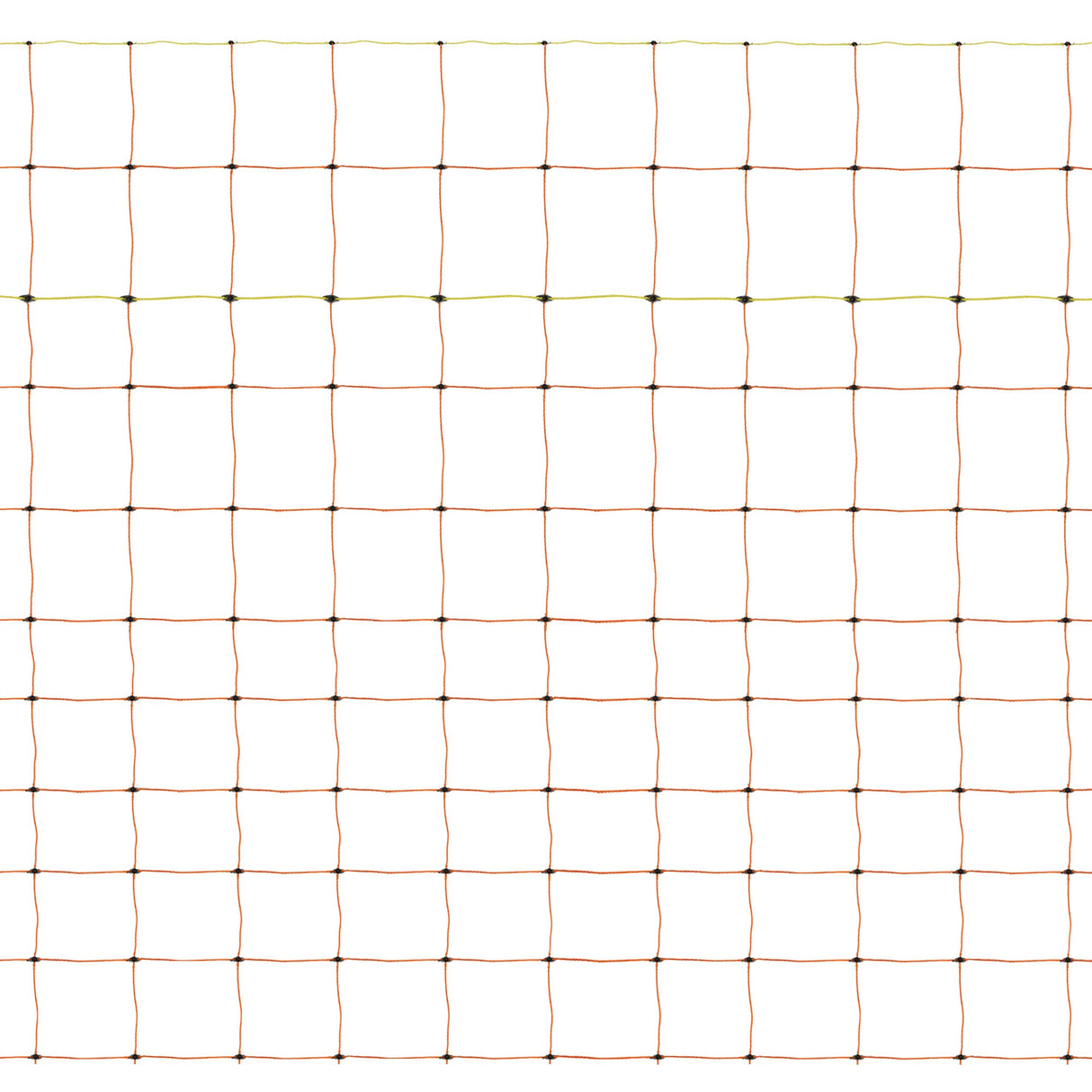 Electric poultry netting in green and orange, featuring a grid pattern with sturdy plastic posts for secure fencing and protection