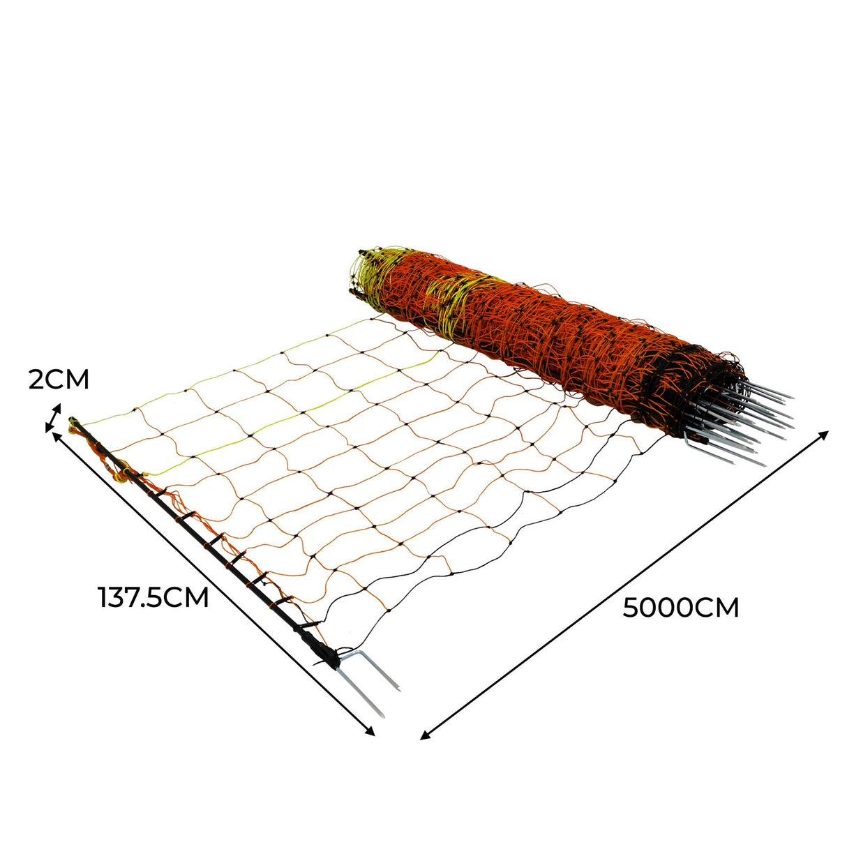 Brightly colored electric poultry netting, 50m long, featuring orange and black mesh with sturdy posts for secure animal containment