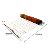 Brightly colored electric poultry netting, 50m long, featuring orange and black mesh with sturdy posts for secure animal containment
