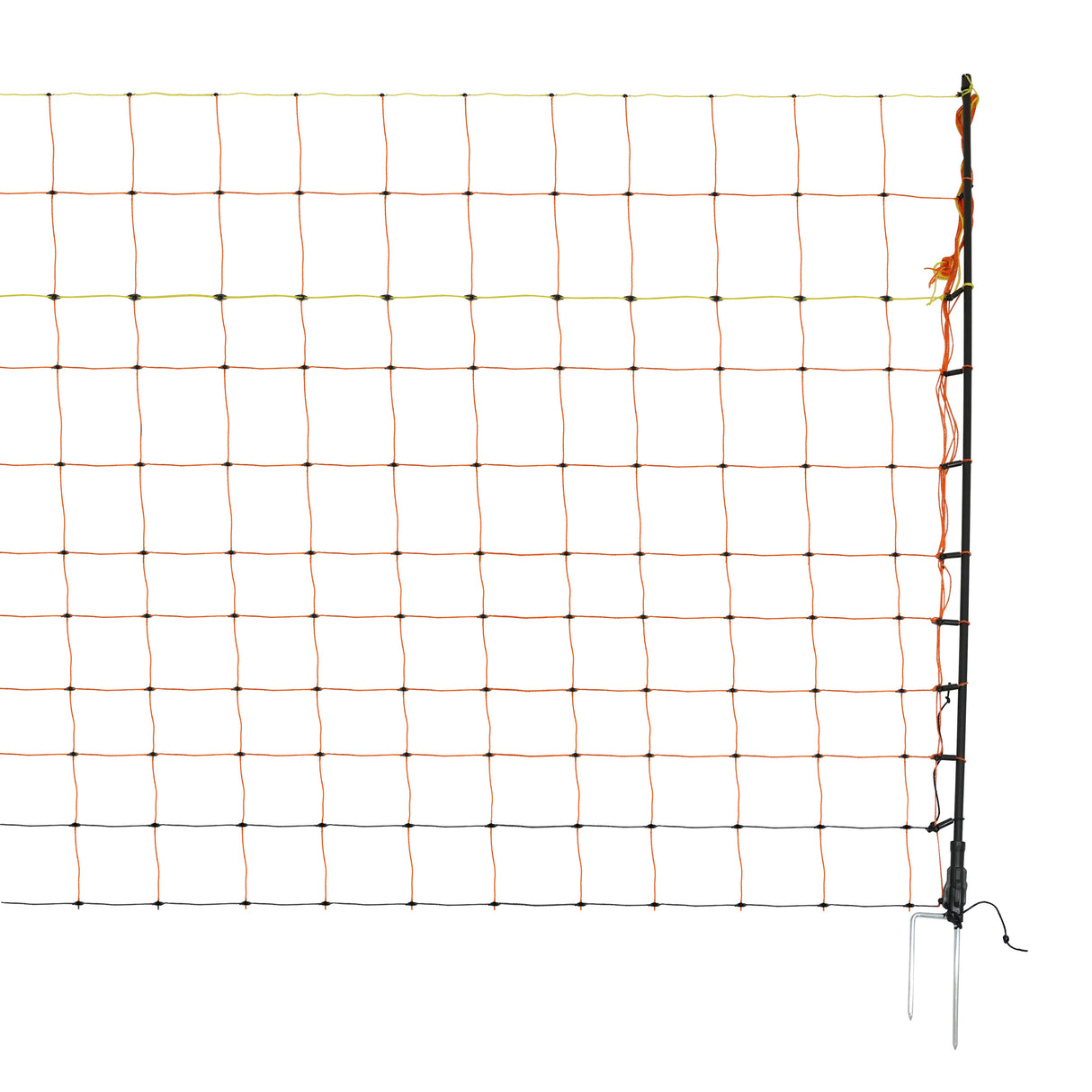 Electric poultry netting in bright orange and black, featuring sturdy posts and mesh design, ideal for securing livestock and gardens