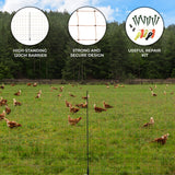 Electric poultry netting in green, 50m long, features a 120cm high barrier, ideal for securely containing chickens in open fields