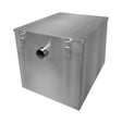 Stainless steel 96-litre grease trap with a sleek, polished finish, featuring a secure lid and a side outlet pipe for efficient drainage