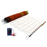 Electric fence energiser with a blue control unit and bright orange and yellow poultry netting rolled out, featuring metal stakes for secure installation