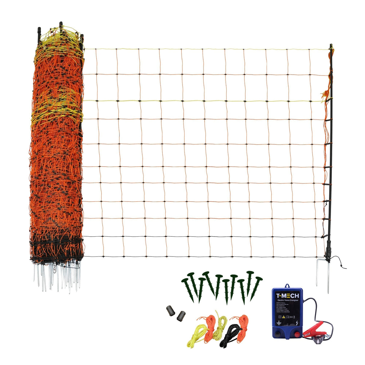 Bright orange poultry netting rolls with a 50m length, accompanied by energiser unit, stakes, and connectors for secure fencing