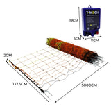 Electric fence energiser in blue with poultry netting, featuring orange and yellow strands, measuring 50m in length and 137.5cm high