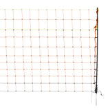 Bright orange poultry netting with black posts, designed for electric fencing, features a 50m length for effective livestock containment