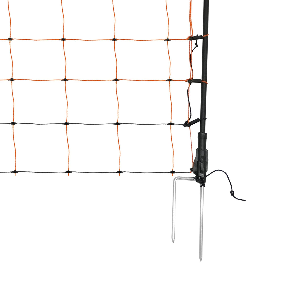 Durable black and orange poultry netting with a 50m length, featuring sturdy posts and grounding stakes for secure installation