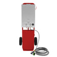 Deluxe portable horse shower in red with a sleek silver control panel, sturdy wheels, and a flexible hose for easy use
