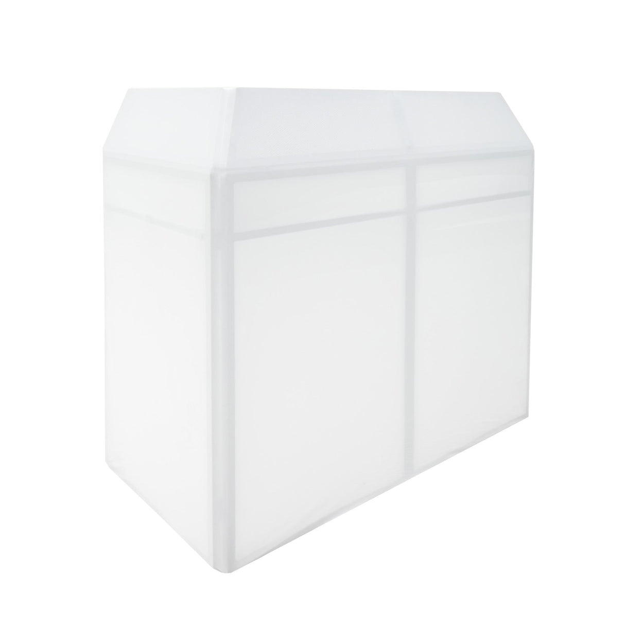 Sleek white DJ disco booth with a modern design, featuring a smooth surface and illuminated panels for vibrant events