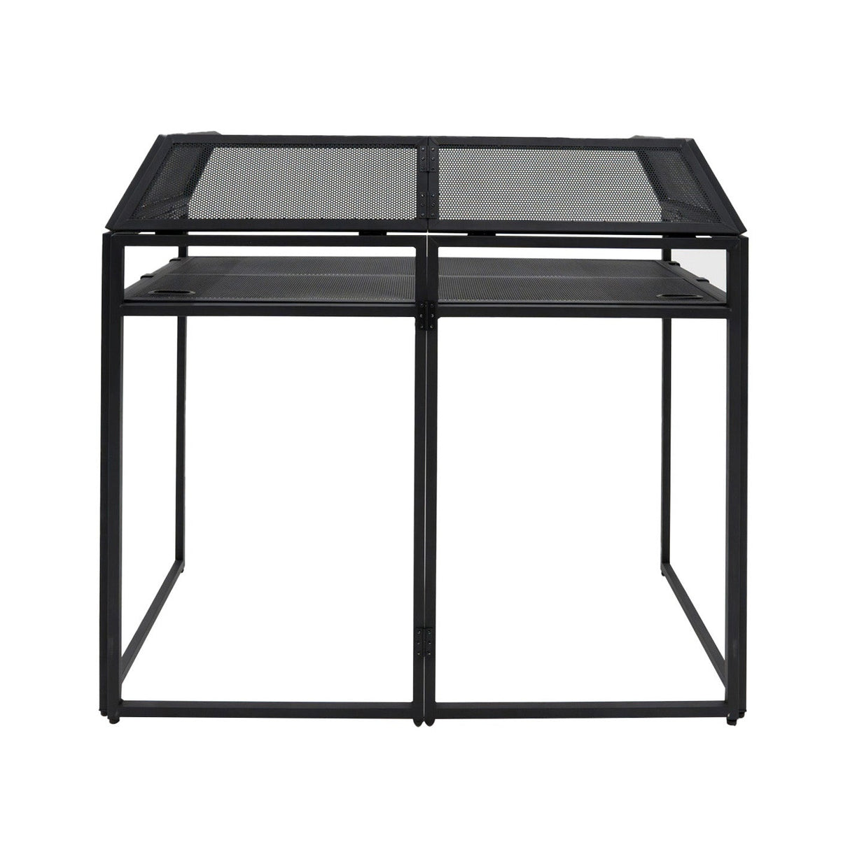 Sleek black metal DJ disco booth with a mesh top, featuring a sturdy frame and spacious surface for equipment setup