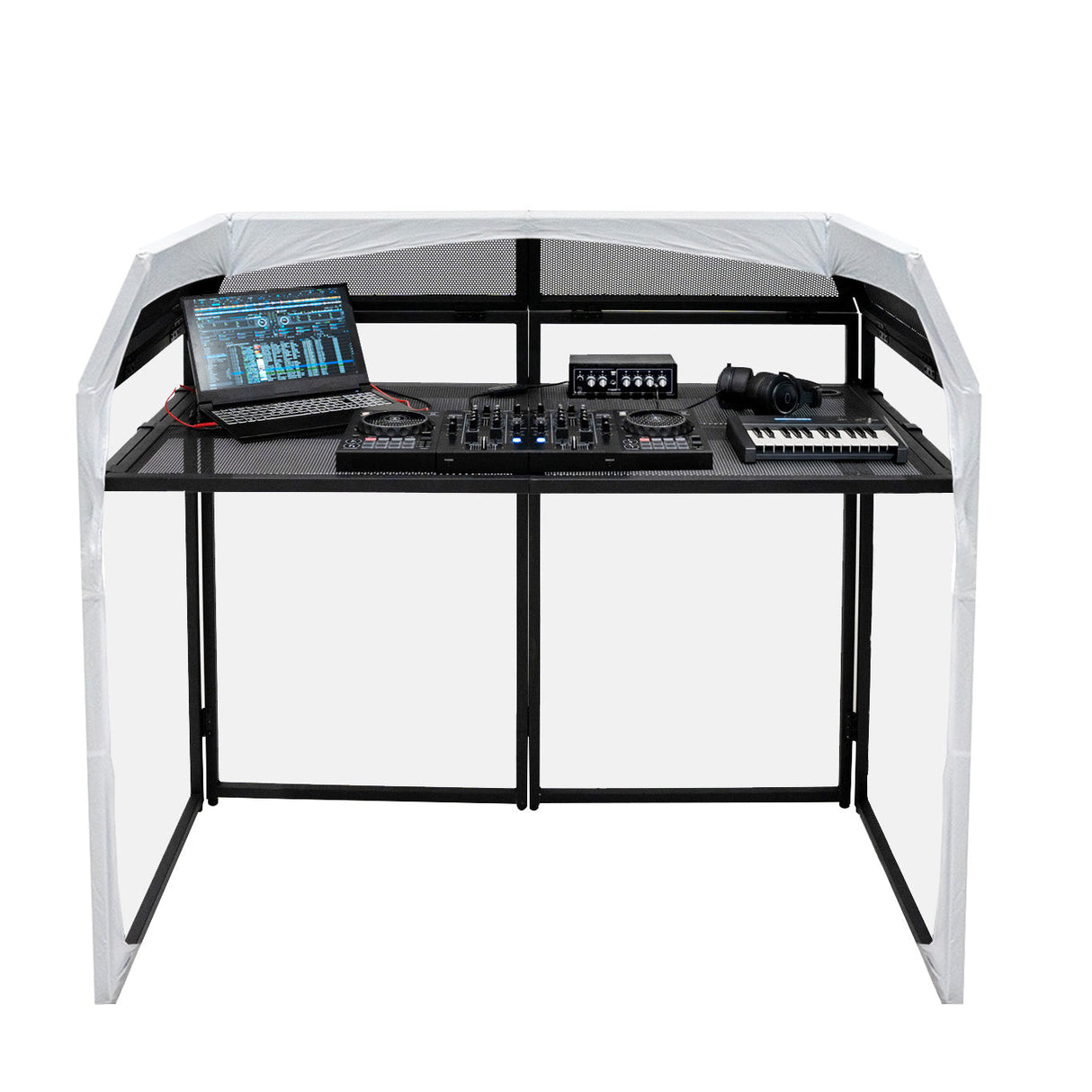 Sleek black DJ disco booth with a laptop, mixer, keyboard, and audio equipment, featuring a modern, minimalist design and sturdy frame
