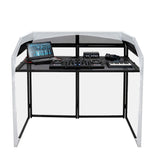 Sleek black DJ disco booth with a laptop, mixer, keyboard, and audio equipment, featuring a modern, minimalist design and sturdy frame