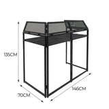 Sleek black DJ disco booth with mesh panels, measuring 135cm high, 146cm wide, and 70cm deep, ideal for events and performances