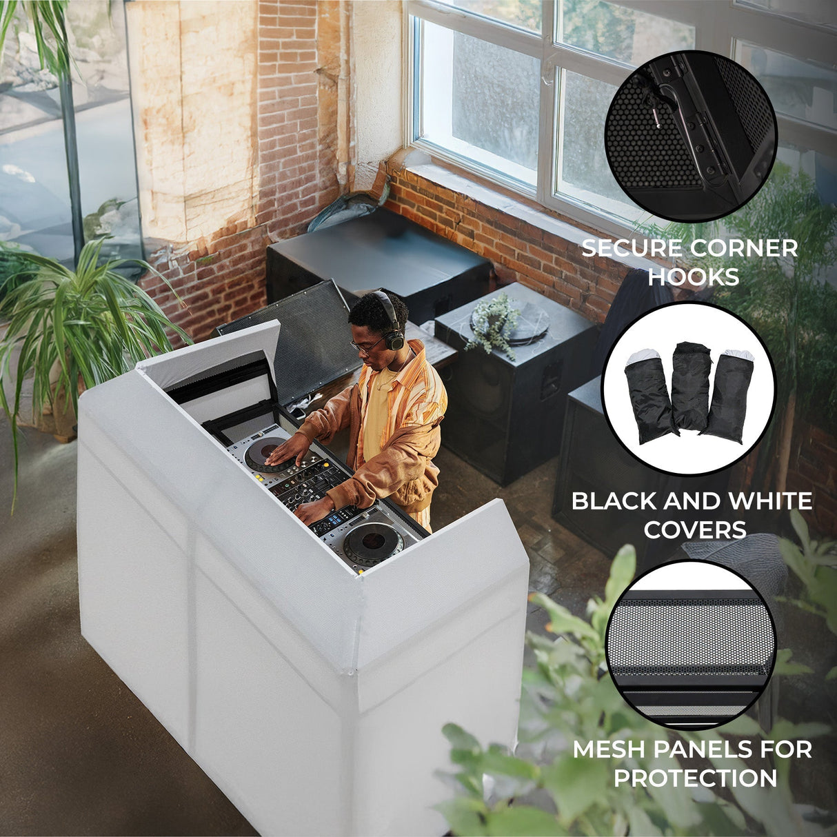 Sleek DJ Disco Booth Pro in a bright venue, featuring secure corner hooks, black and white covers, and protective mesh panels