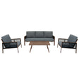 Aluminium 4 piece sofa set featuring a wood effect finish, gray cushions, and sleek lines for a modern outdoor living space