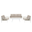 Stylish white aluminium 4-piece sofa set featuring soft beige cushions, sleek lines, and a modern coffee table for outdoor relaxation