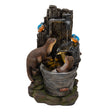 Realistic otters playfully interact with a rustic water feature, featuring a weathered wood backdrop and vibrant bluebirds perched nearby