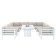 Modular garden furniture set featuring a white frame, soft beige cushions, and a central fire pit for outdoor gatherings