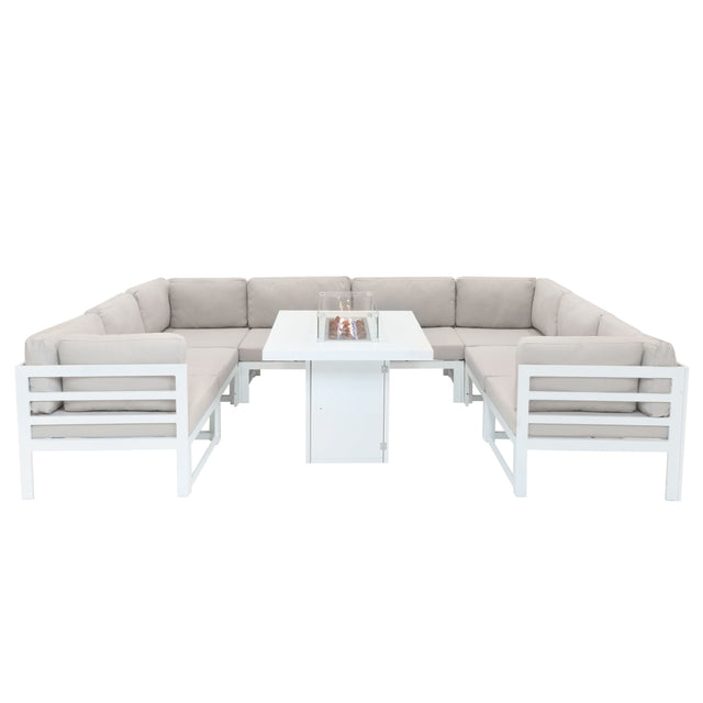 Modular garden furniture set featuring a white frame, soft beige cushions, and a central fire pit for outdoor gatherings