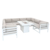 Modular garden furniture set in white with soft beige cushions and a central fire pit, perfect for outdoor relaxation and gatherings