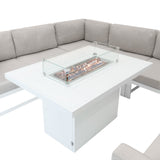 Modular garden furniture set in white with a sleek design, featuring a central fire pit surrounded by soft gray cushions