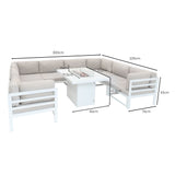 Modular garden furniture set featuring a white frame, soft beige cushions, and a central fire pit table for outdoor relaxation