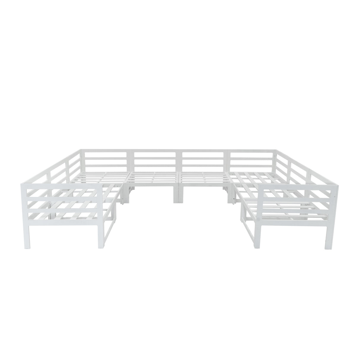 Modular white garden furniture set featuring a spacious design, slatted texture, and an integrated fire pit for outdoor gatherings